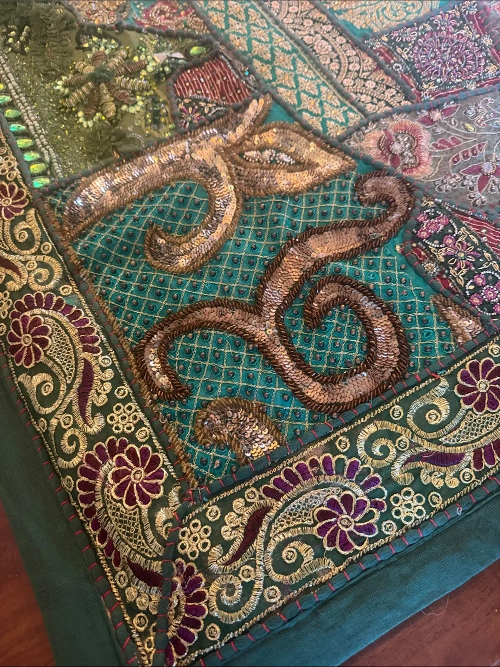 Vintage Green Multicolor Embroidered Tapestry Wall Hanging